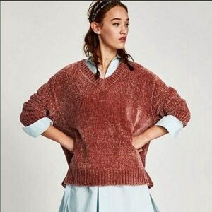 Zara Chenille Chunky Oversized V-Neck Sweater S